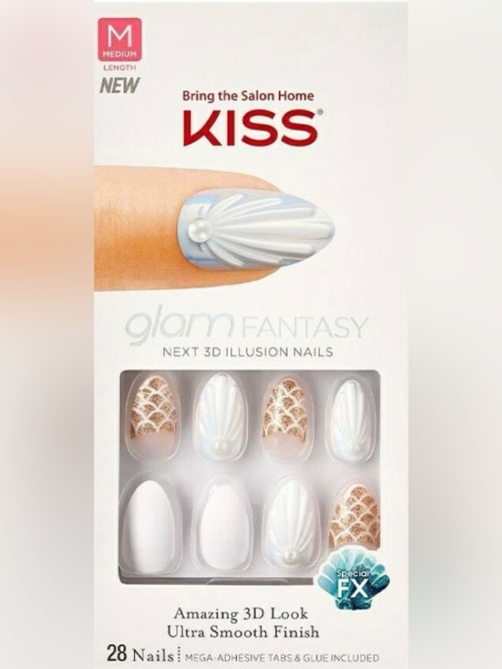 Kiss Glam Fantasy 3D Illusion Press-On Nails - Shells White & Rose Gold